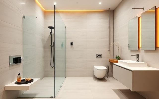 Modern renovated bathroom with walk-in shower